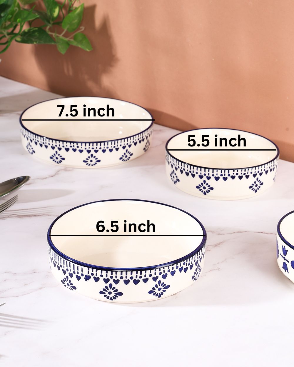 Tribal ceramic flat bowl set of 3 Pcs Microwave Safe