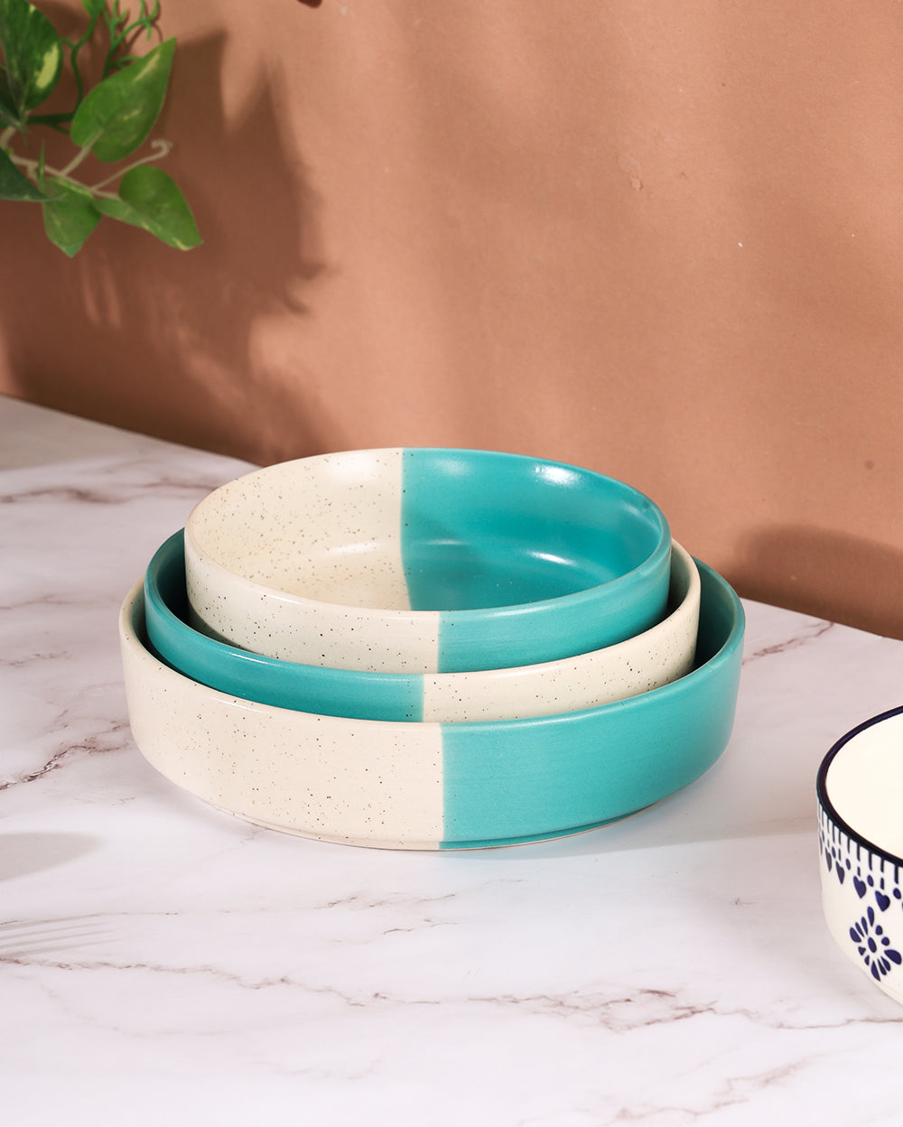 Dual shade ceramic flat bowl set of 3 Pcs Microwave Safe