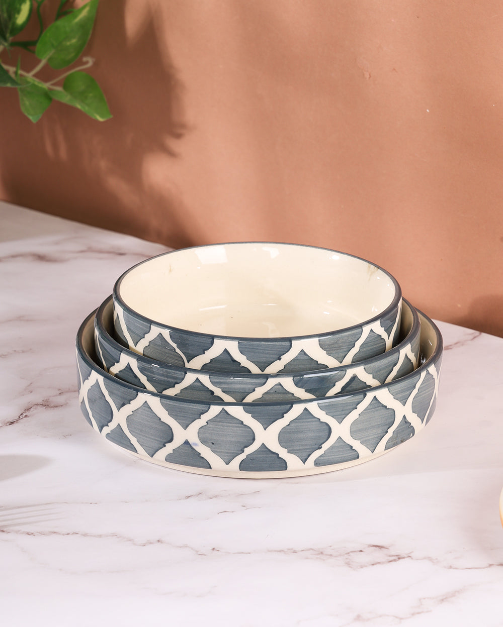 Geometrical Ceramic flat bowl set of 3 ( Microwave Safe )