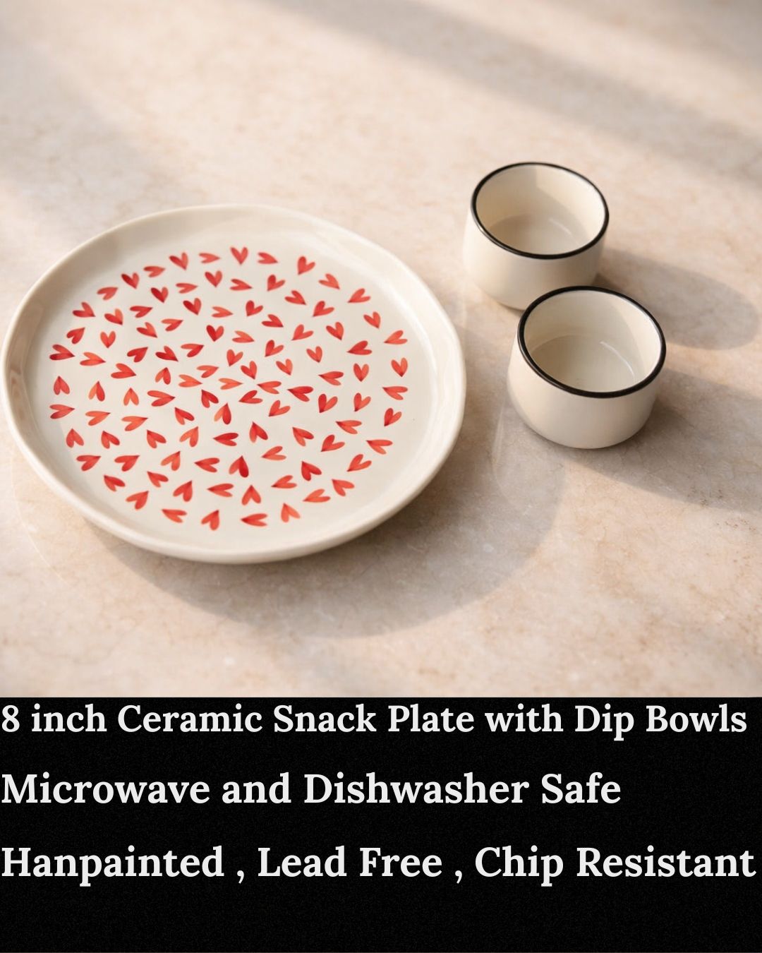 Ceramic Aesthetic Heart Plate with Dip Bowl ( Set of 3 )