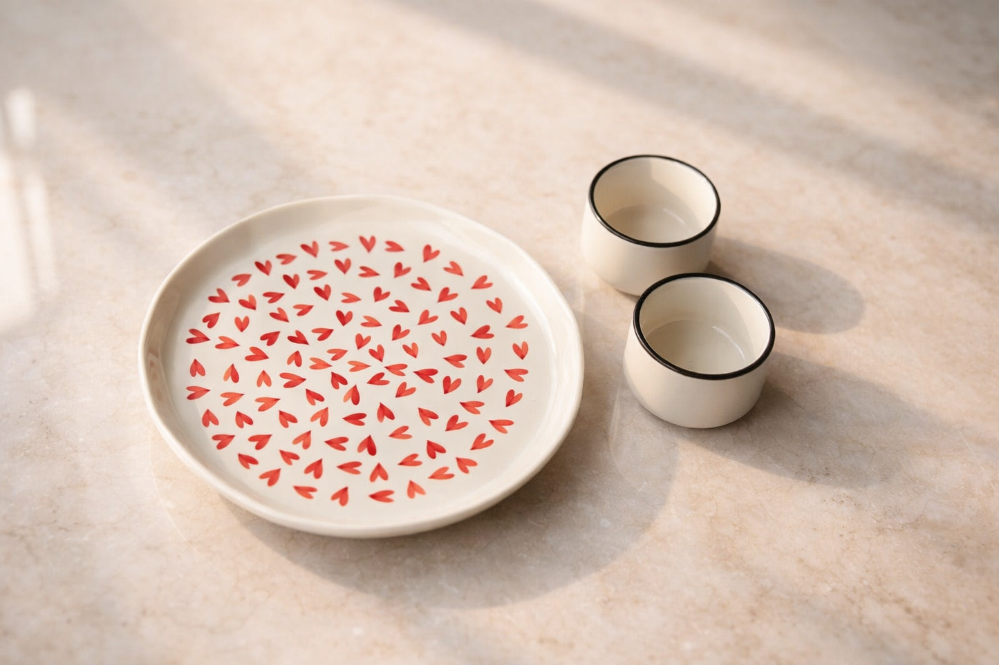 Ceramic Aesthetic Heart Plate with Dip Bowl ( Set of 3 )