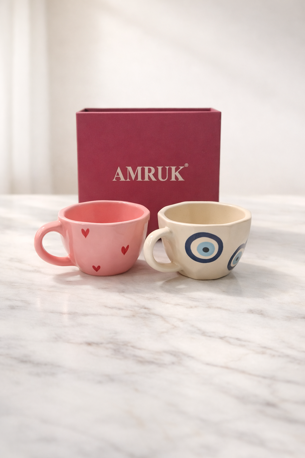 Pink Heart and Evil Eye Cup Set of 2 Gift Box