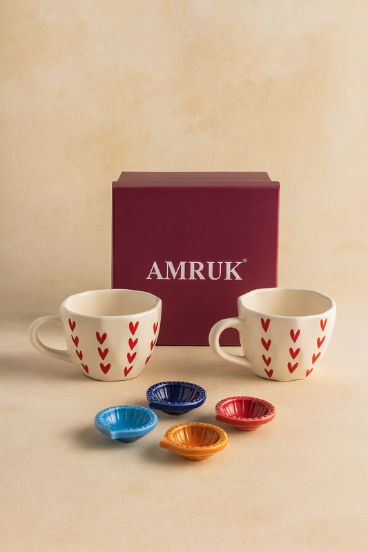 Studio Pottery 6 Piece Diwali Gift Box ( 2 Cups + 4 Diya + Diwali Card )