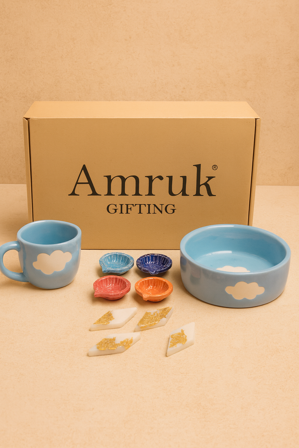 Studio Pottery 10 Piece Diwali Gift Box ( 1 Cups + 1 Flat Bowl +4 Diya +4 Kaju Katli Candle Diwali Card ) (Copy)