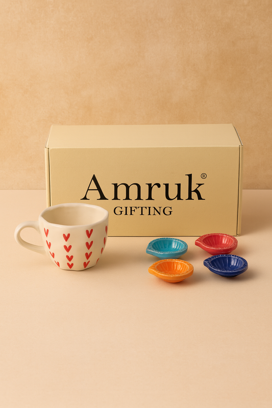 Studio Pottery 5 Piece Diwali Gift Box ( 1 Cups + 4 Diya + Diwali Card )