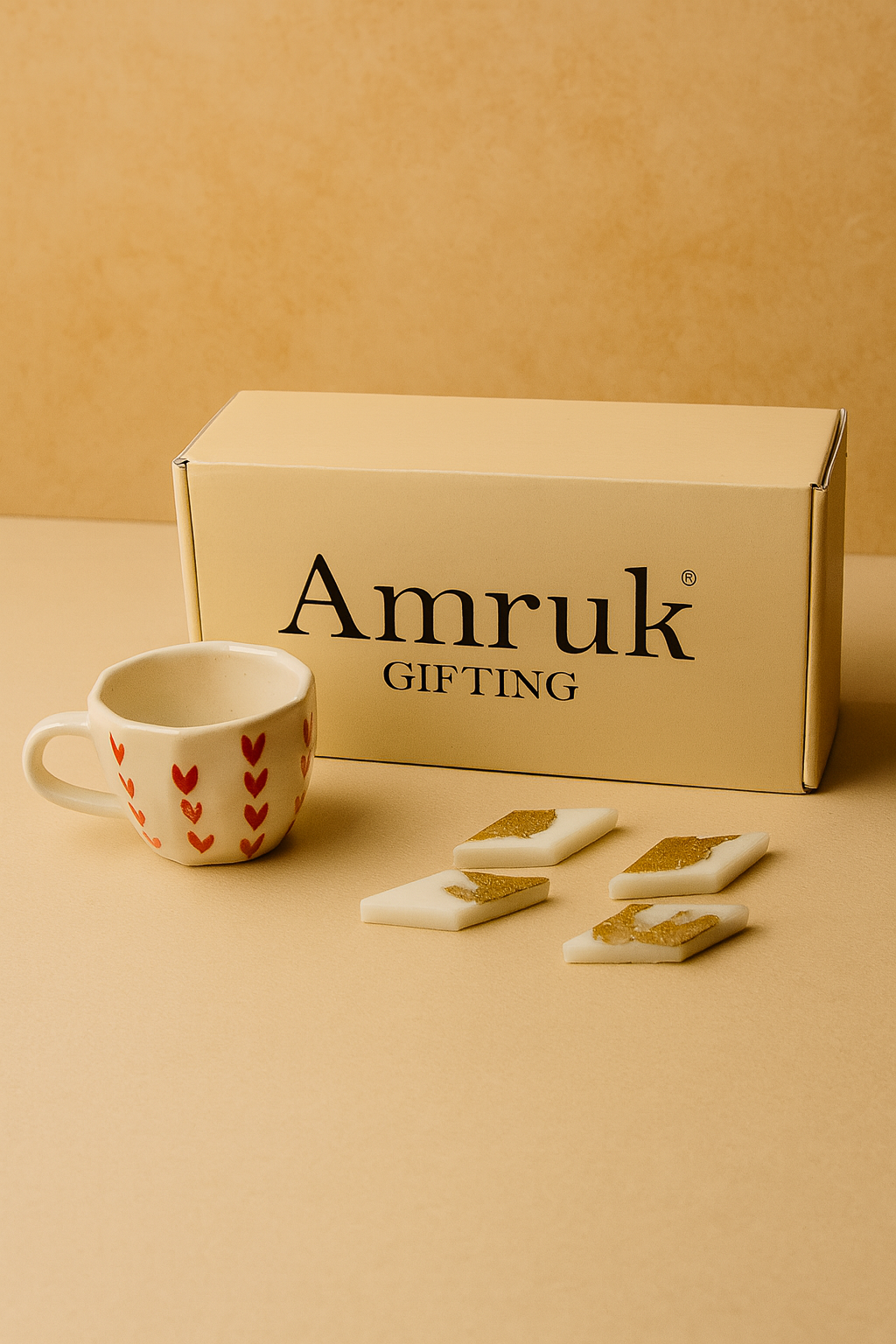 Studio Pottery 5 Piece Diwali Gift Box ( 1 Cups + 4 Kaju Katli Candles + Diwali Card )