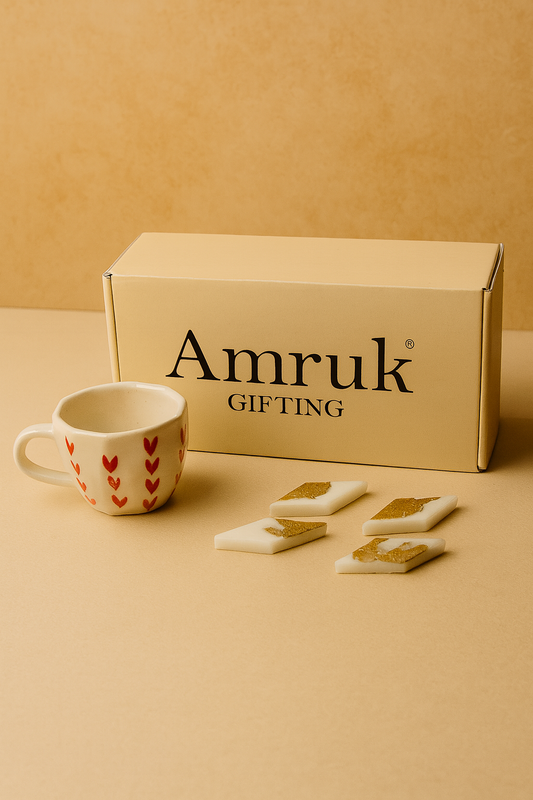 Studio Pottery 5 Piece Diwali Gift Box ( 1 Cups + 4 Kaju Katli Candles + Diwali Card )