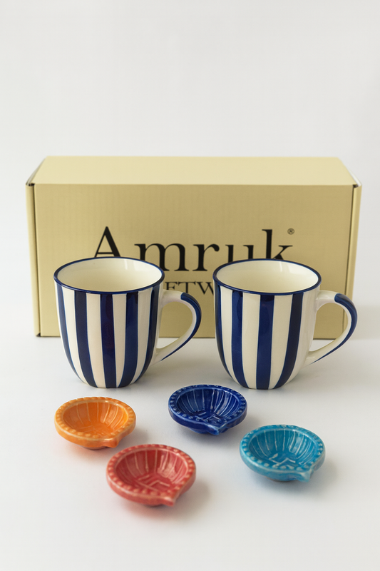 Studio Pottery 6 Piece Diwali Gift Box ( 2 Cups + 4 Diya's + Diwali Card )