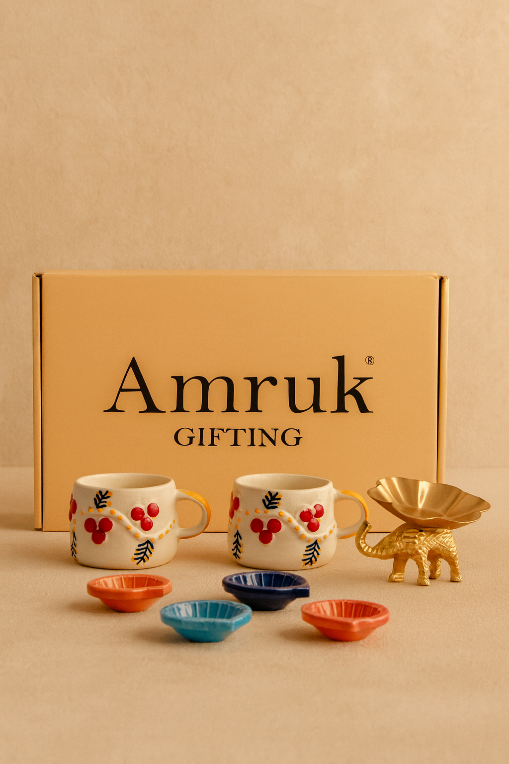 Studio Pottery 7 Piece Diwali Gift Box ( 2 Cups + 4 Diya's +Metal Elephant Tea light Holder + Diwali Card )