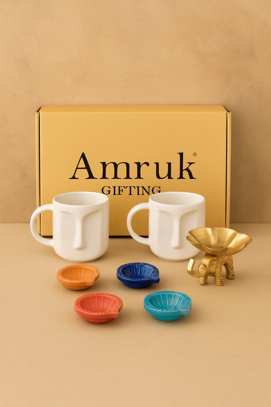 Studio Pottery 7 Piece Diwali Gift Box ( 2 Cups + 4 Diya's + Metal Elephant Tea light Holder + Diwali Card )