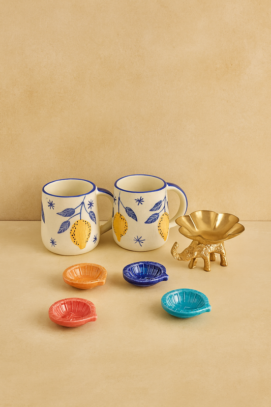 Studio Pottery 7 Piece Diwali Gift Box ( 2 Cups + 4 Diya's + Metal Elephant Tea light Holder + Diwali Card )