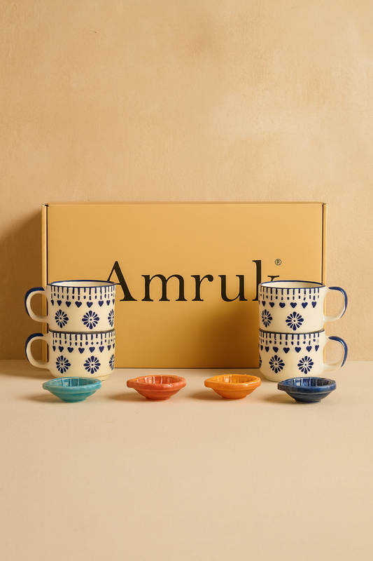 Studio Pottery 8 Piece Diwali Gift Box ( 4 Cups + 4 Diya's + Diwali Card )