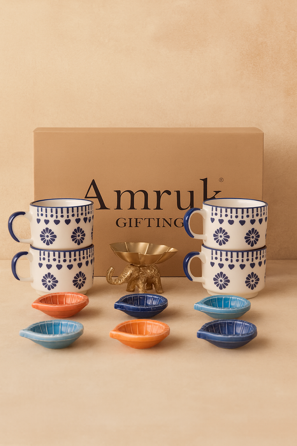 Studio Pottery 11 Piece Diwali Gift Box ( 4 Cups + 6 Diya's + Elephant Tea Light Holder Diwali Card )