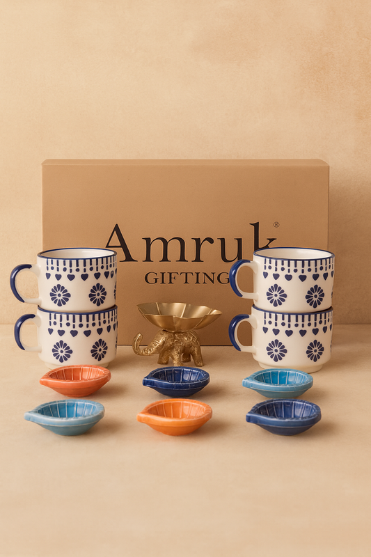 Studio Pottery 11 Piece Diwali Gift Box ( 4 Cups + 6 Diya's + Elephant Tea Light Holder Diwali Card )