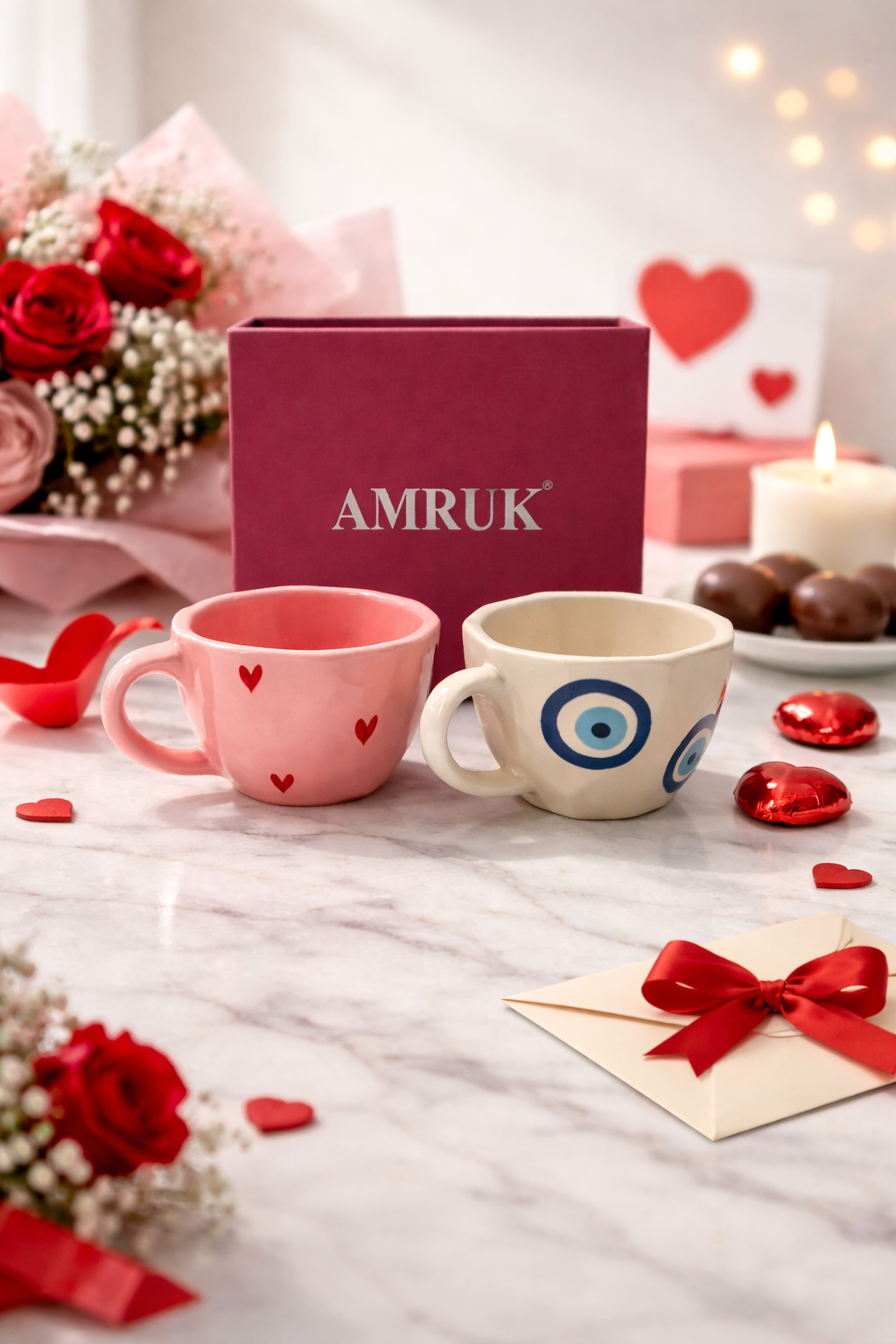 Pink Heart and Evil Eye Cup Set of 2 Gift Box