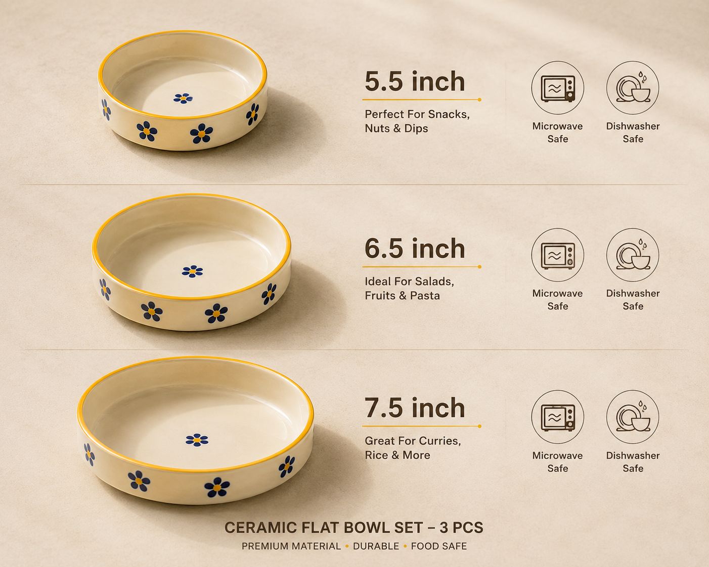 Ceramic Hand Painted Flat Bowl Set of 3