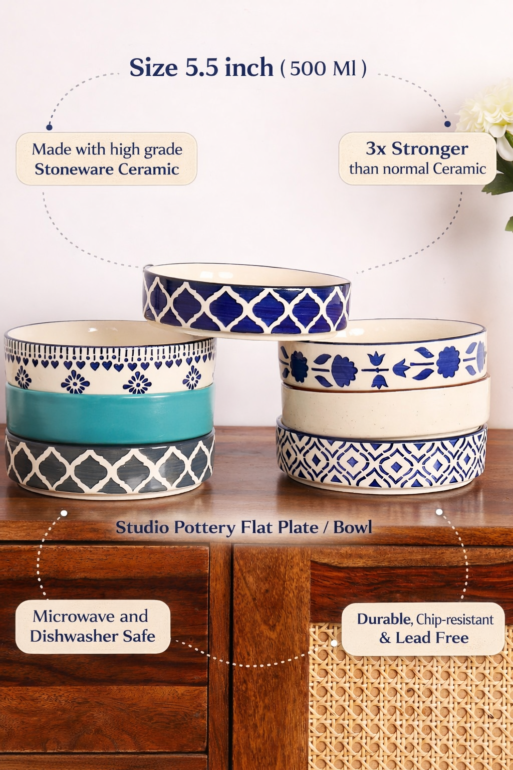 Aesthetic Ceramic Flat Bowl 4 Pcs Set Microwave Safe