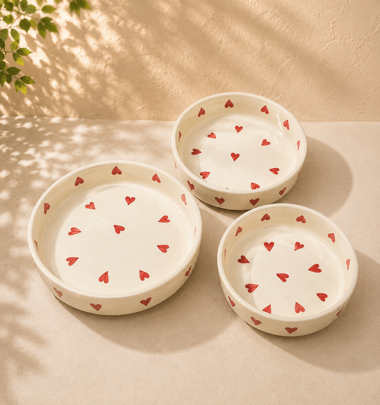Ceramic Hearts Hand Painted Flat Bowl Set of 3