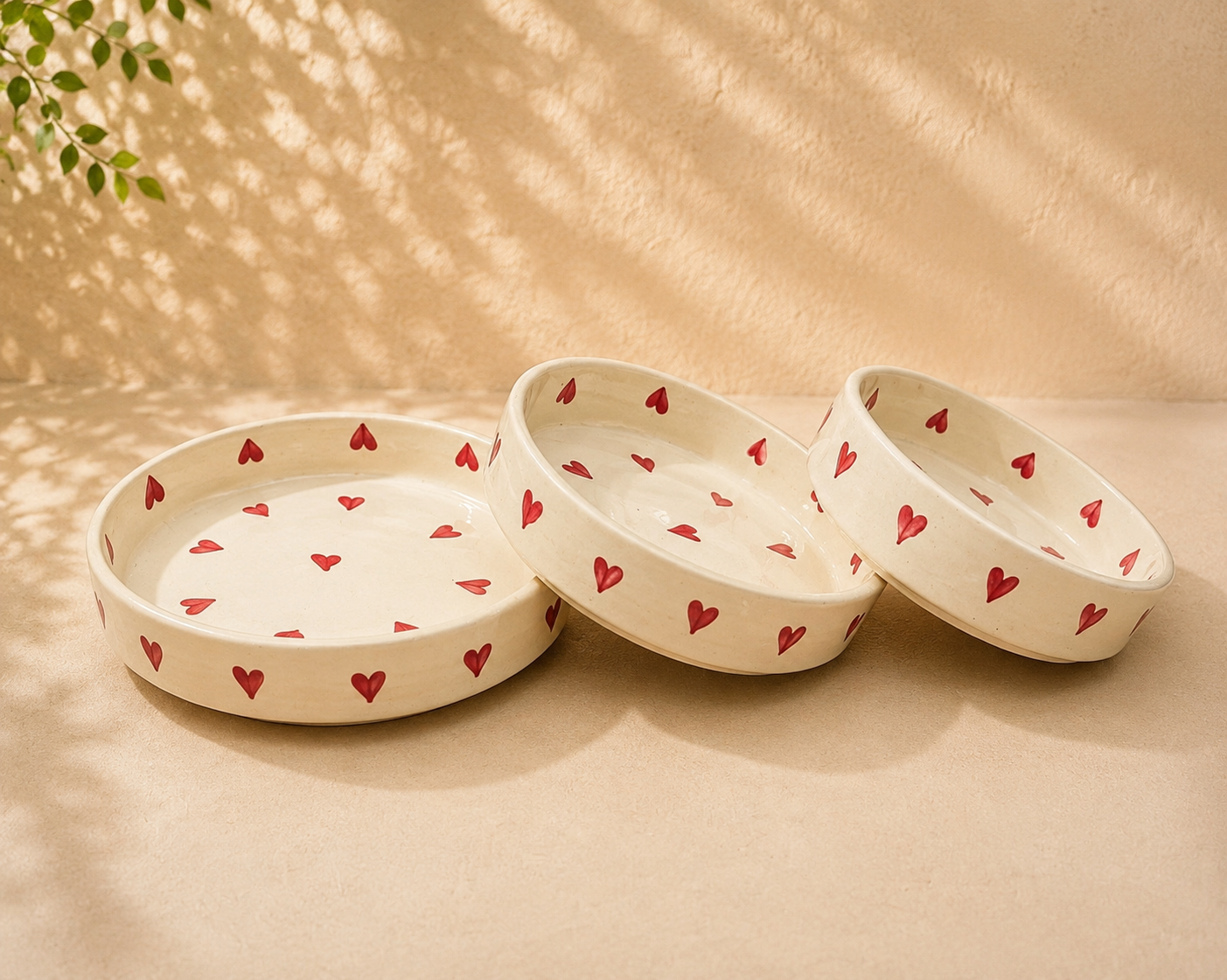 Ceramic Hearts Hand Painted Flat Bowl Set of 3