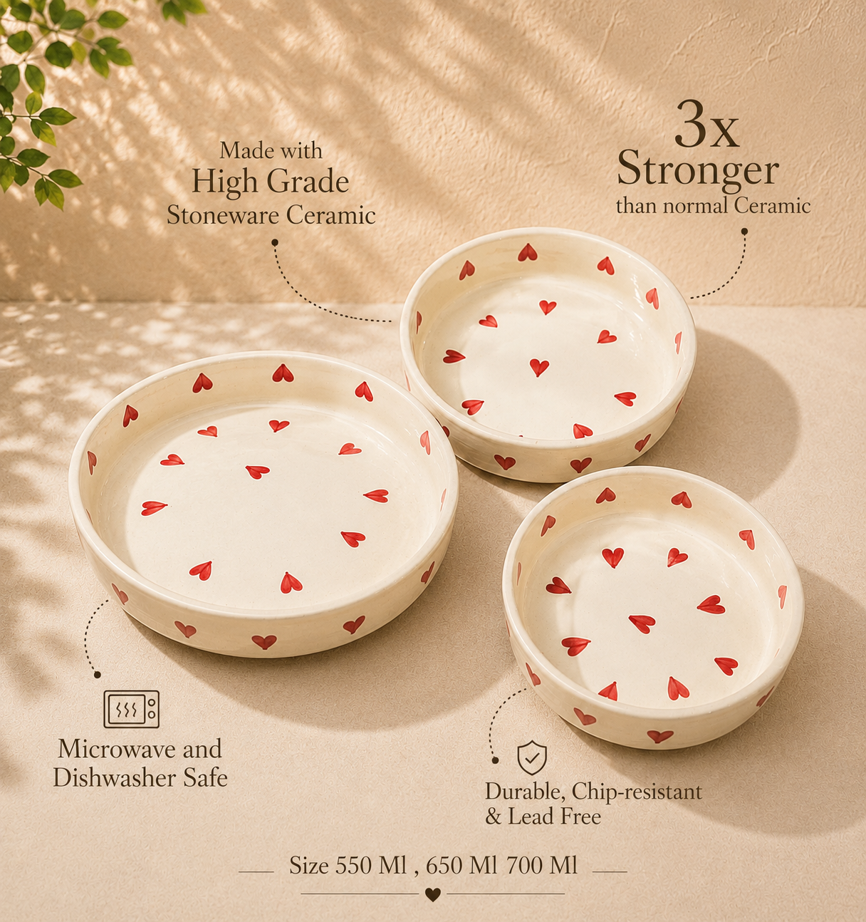 Ceramic Hearts Hand Painted Flat Bowl Set of 3