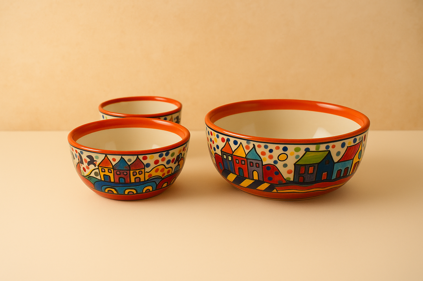 Handpainted Ceramic Bowl Set of 3 Microwave Safe