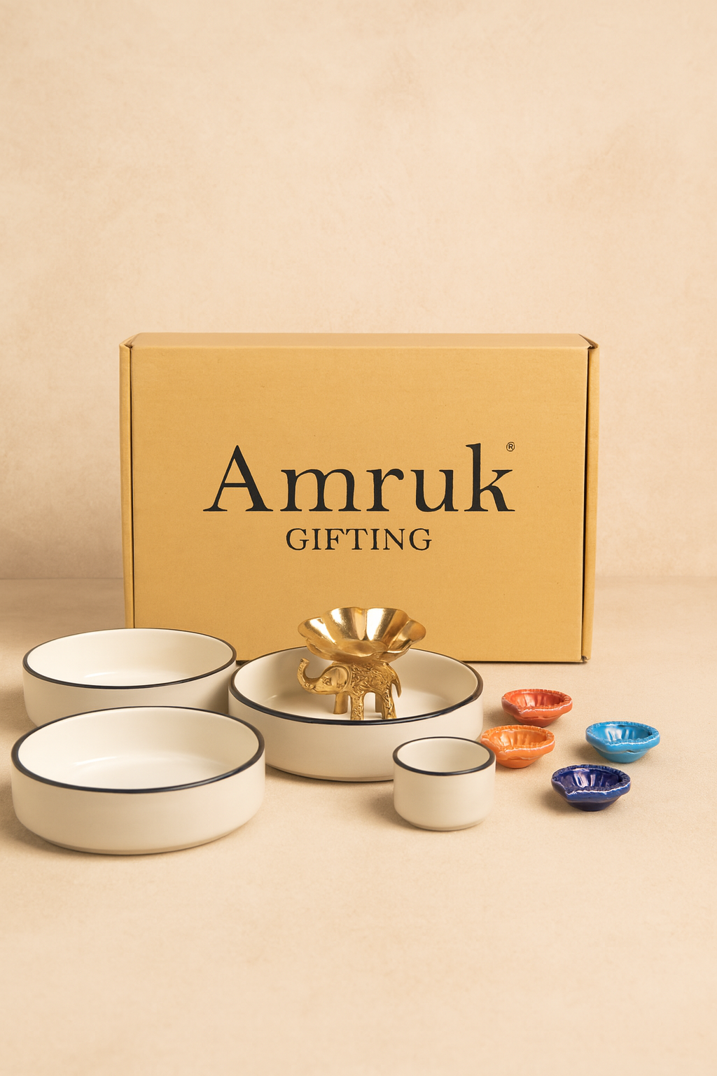 Studio Pottery Gift Box ( 3 Piece Flat Bowls + 4 Diya's + 1 Dip Bowl + Elephant Tea Light Holder)