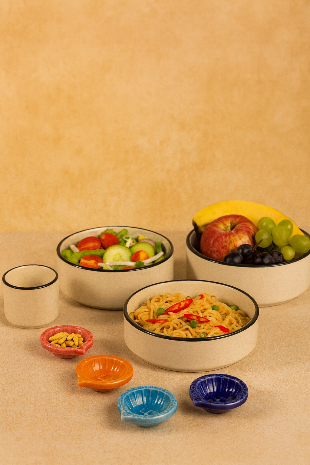 Studio Pottery Gift Box ( 3 Piece Flat Bowls + 4 Diya's + 1 Dip Bowl + Elephant Tea Light Holder)