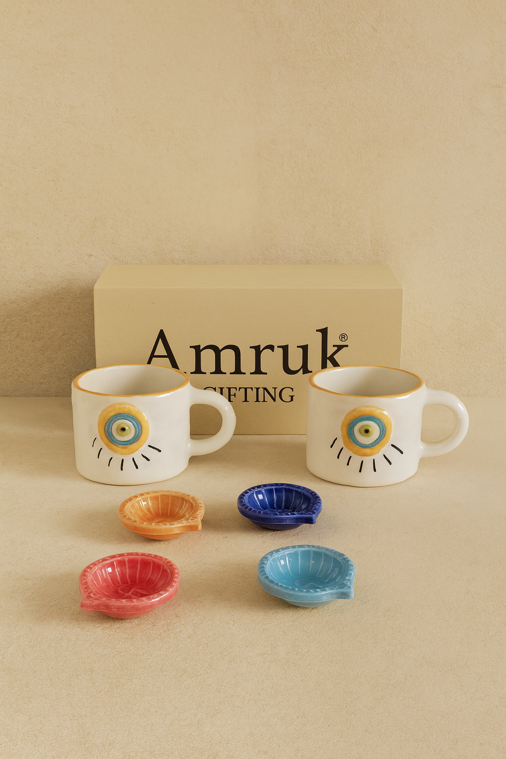 Studio Pottery 6 Piece Diwali Gift Box ( 2 Cups + 4 Diya's + Diwali Card )