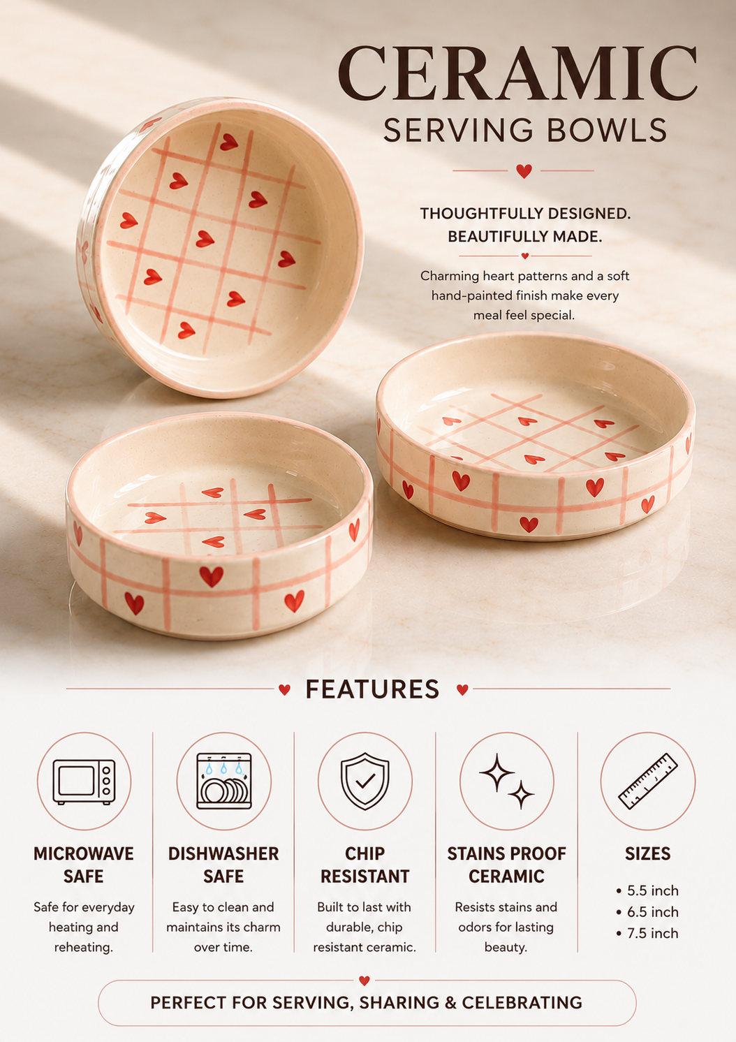 Ceramic Hearts Hand Painted Flat Bowl Set of 3