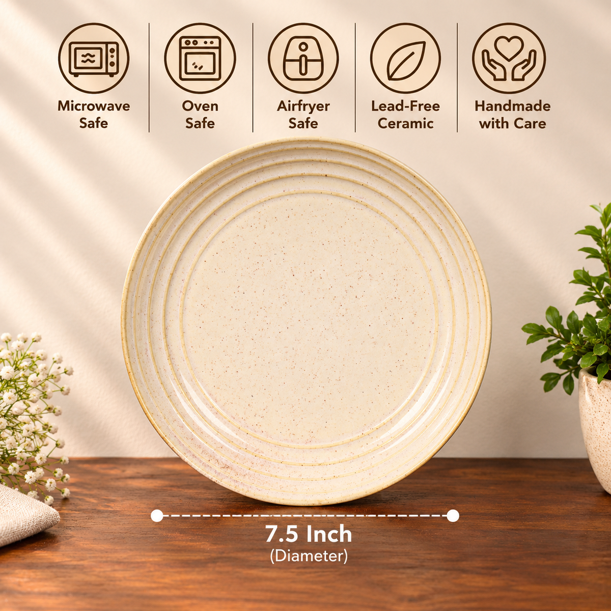 Ring grainy cream ceramic quater plates (set of 6)