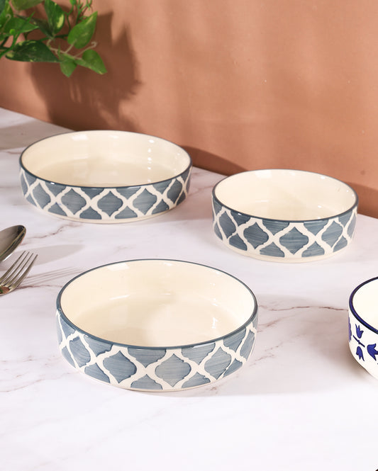 Geometrical Ceramic flat bowl set of 3  ( Microwave Safe )
