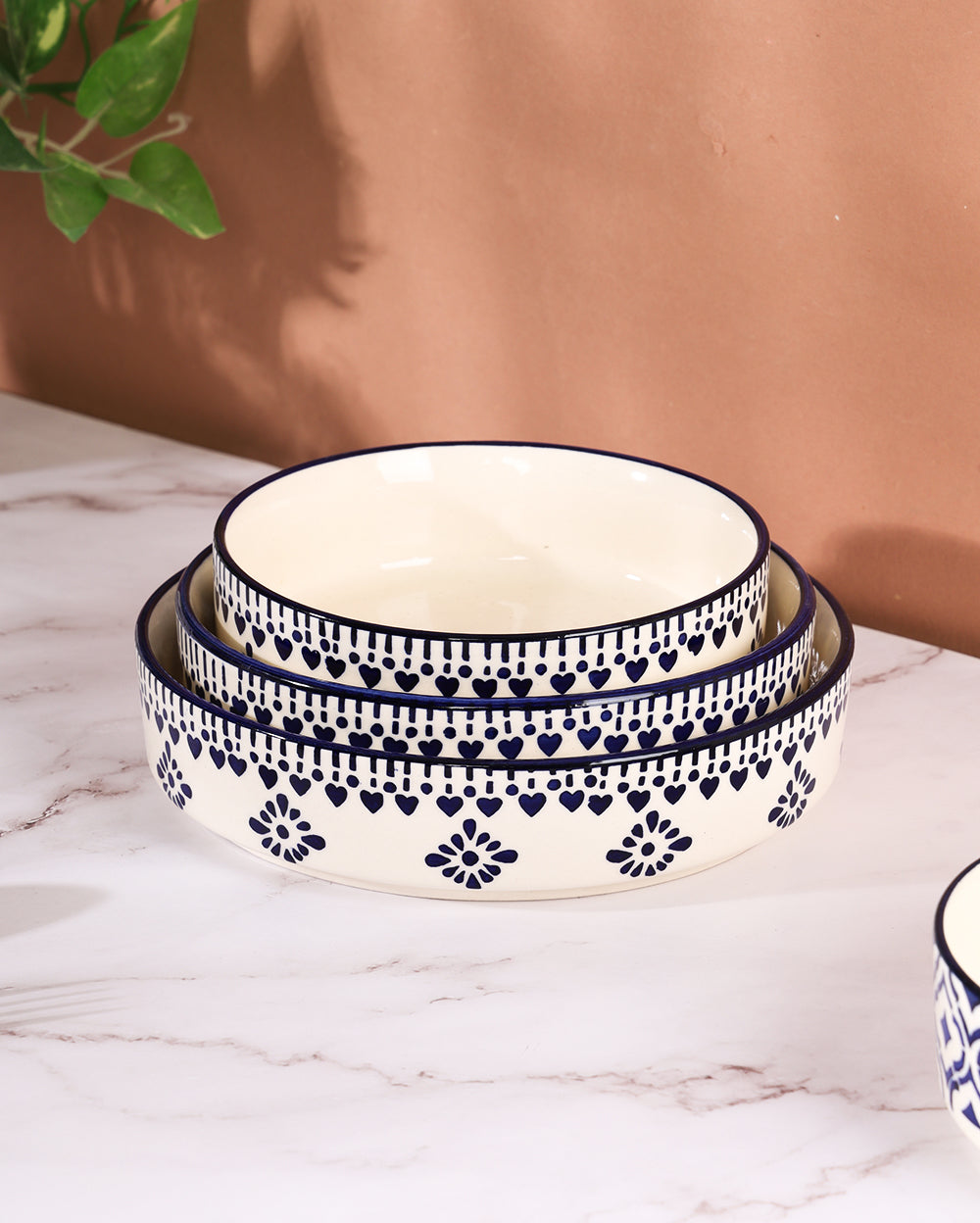 Tribal  ceramic flat bowl set of 3 Pcs Microwave Safe
