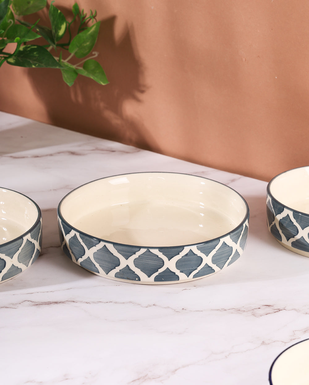 Geometrical Ceramic flat bowl set of 3  ( Microwave Safe )
