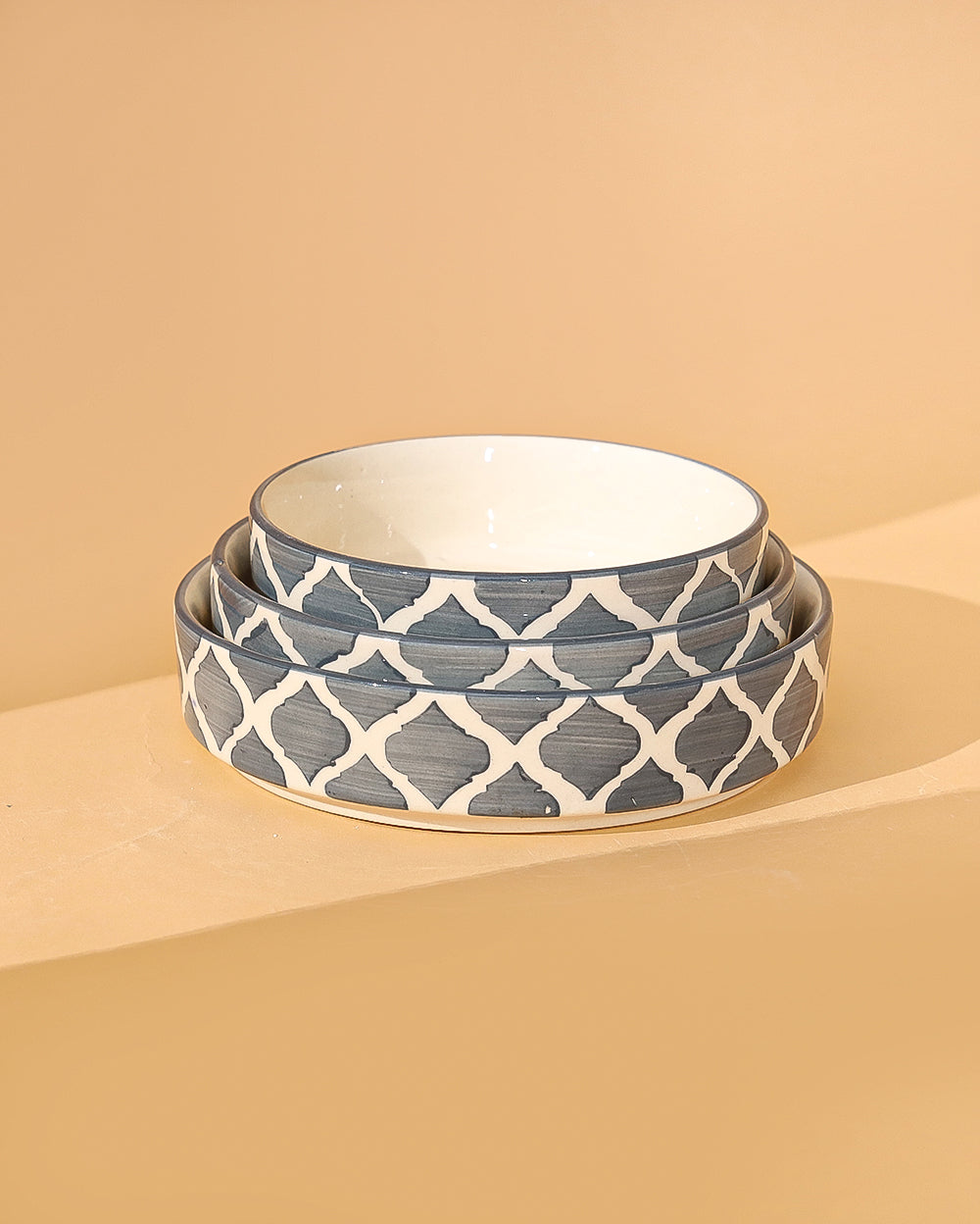 Geometrical Ceramic flat bowl set of 3  ( Microwave Safe )