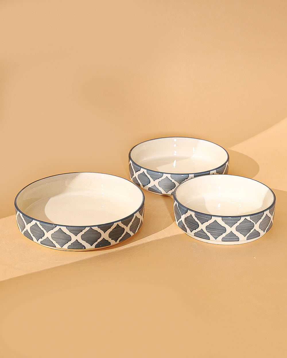 Geometrical Ceramic flat bowl set of 3  ( Microwave Safe )