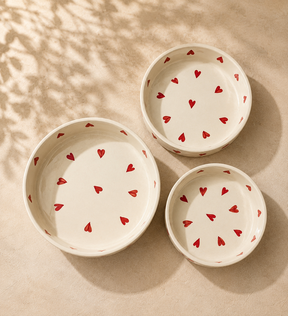 Ceramic Hearts Hand Painted Flat Bowl Set of 3