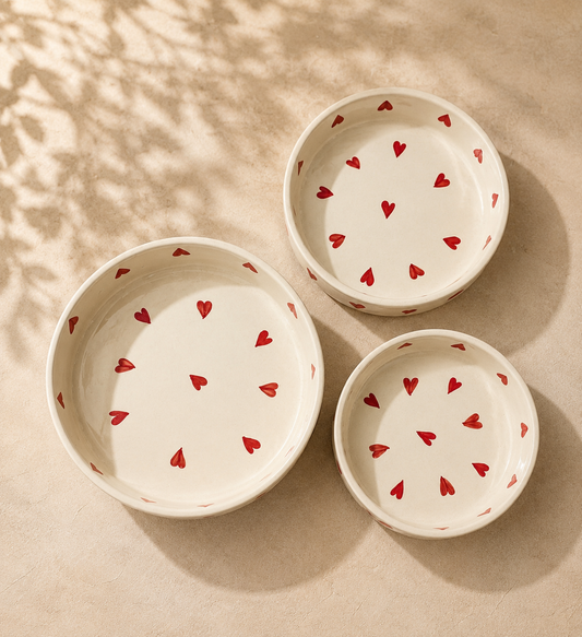 Ceramic Hearts Hand Painted Flat Bowl Set of 3