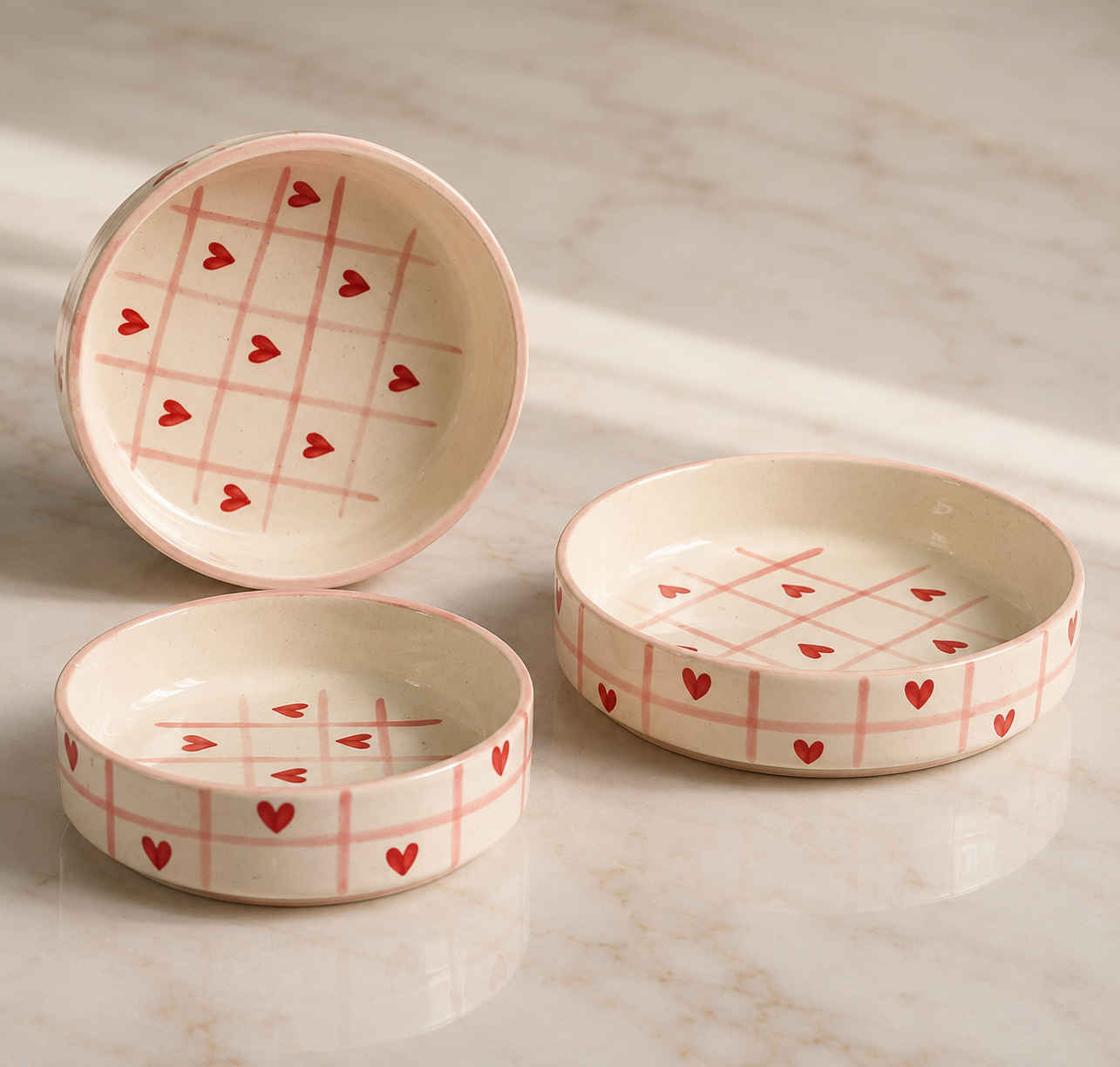 Ceramic Hearts Hand Painted Flat Bowl Set of 3