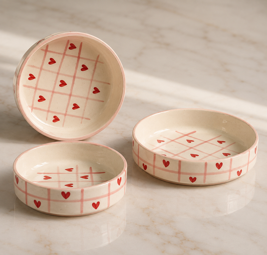 Ceramic Hearts Hand Painted Flat Bowl Set of 3