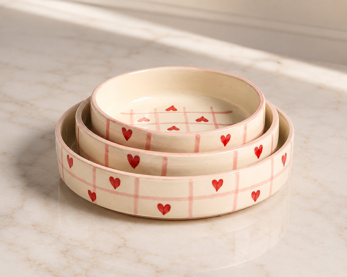 Ceramic Hearts Hand Painted Flat Bowl Set of 3
