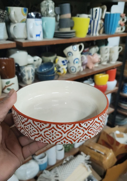 Mughal motif hand printed red flat bowl ceramic