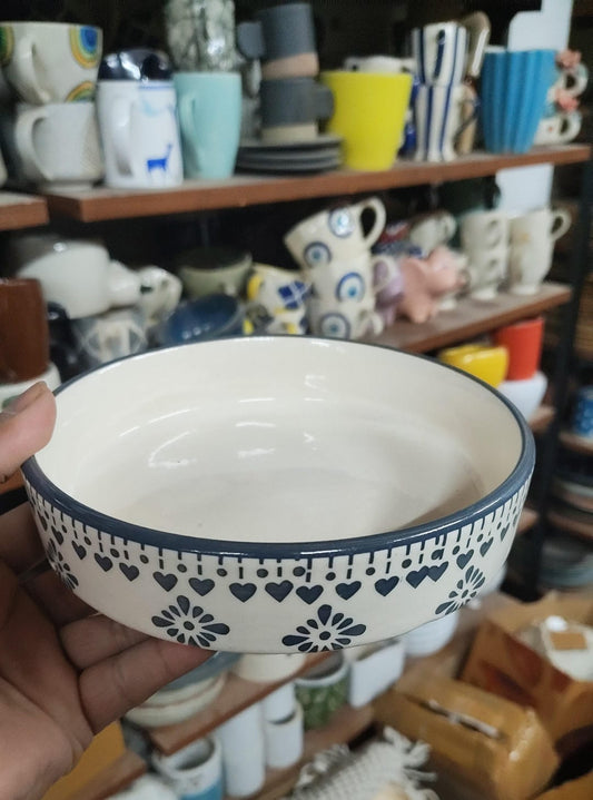 White grey ceramic hand painted flat bowl