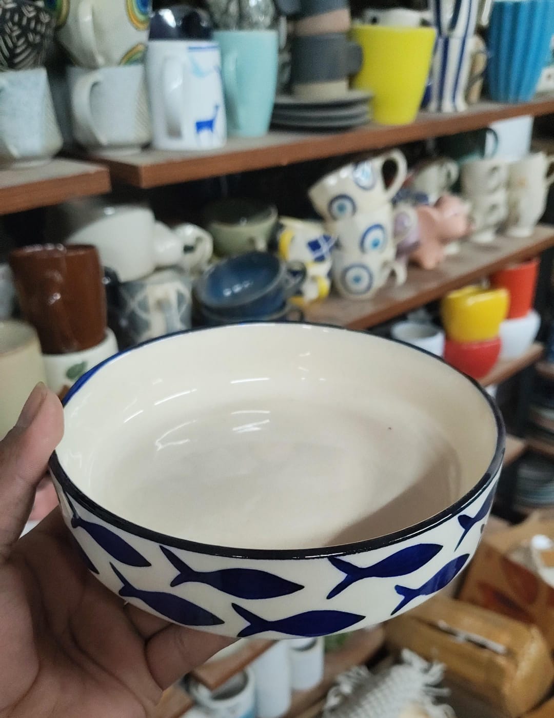 Indigo fish flat bowl